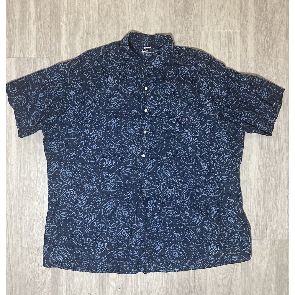 Polo Ralph Lauren Shirt Mens XXL Blue 100% Linen Paisley 1/2 Button Cambridge